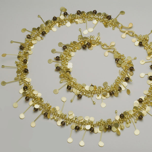 Blossom & Bloom Precious Bracelet and Necklace with smoky quartz, 18ct yellow gold satin by Fiona DeMarco