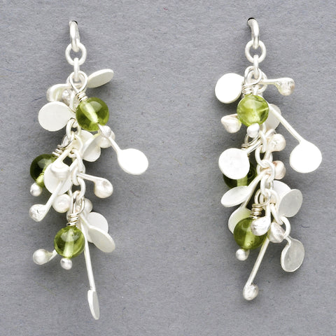 Blossom & Bloom stud Earrings with peridot, satin silver by Fiona DeMarco