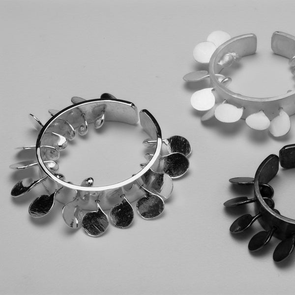 Icon Rings, polished, satin and oxidised silver by Fiona DeMarco