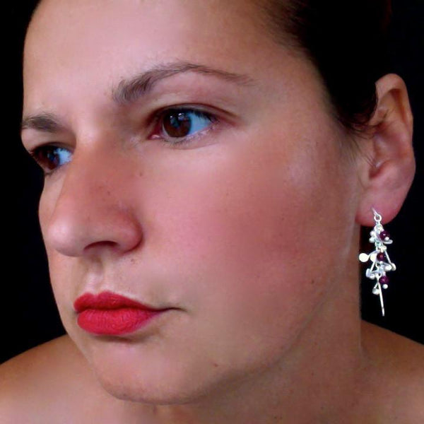 Blossom & Bloom stud Earrings with garnet, satin silver by Fiona DeMarco