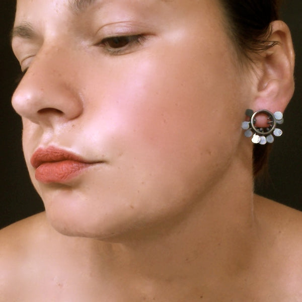 Icon round stud Earrings, oxidised silver by Fiona DeMarco