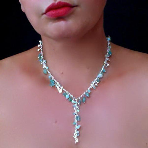 Adorn lariat Necklace with amazonite, apatite and aventurine, polished silver by Fiona DeMarco