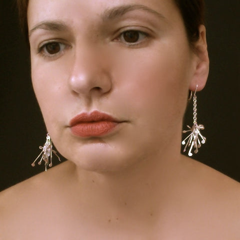 Signature Cluster dangling Earrings, polished silver by Fiona DeMarco