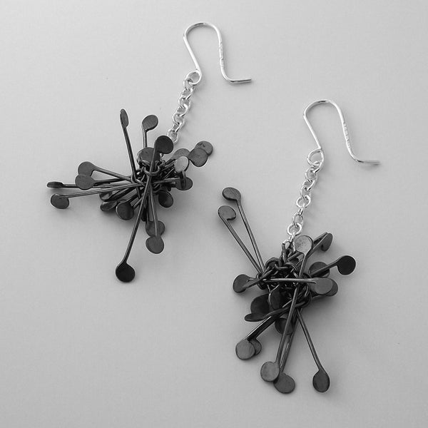 Signature Cluster dangling Earrings, oxidised silver by Fiona DeMarco