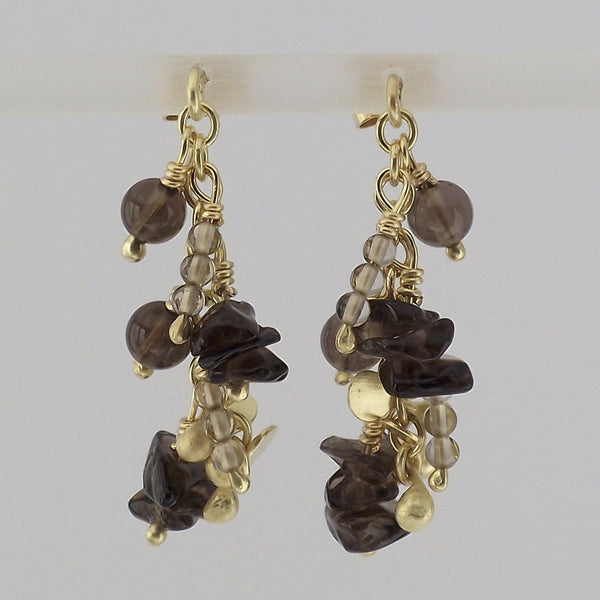 Adorn Precious stud Earrings with smoky quartz, 18ct yellow gold satin by Fiona DeMarco