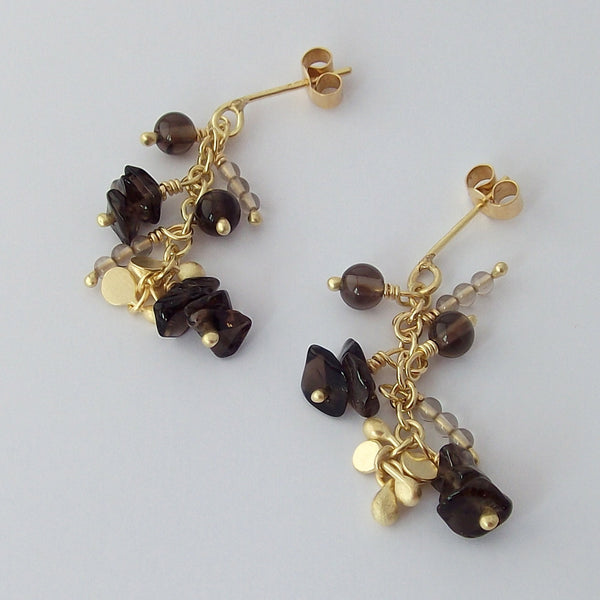 Adorn Precious stud Earrings with smoky quartz, 18ct yellow gold satin by Fiona DeMarco