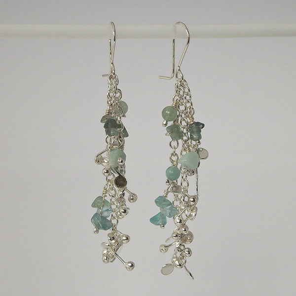 Adorn dangling Earrings with amazonite, apatite and aventurine, polished silver by Fiona DeMarco
