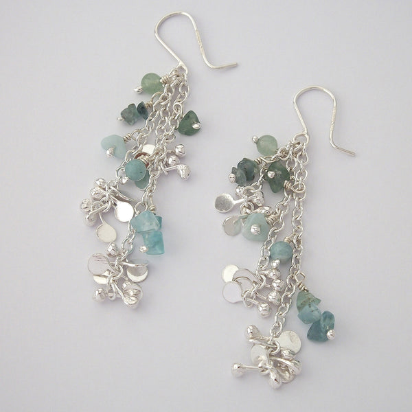 Adorn dangling Earrings with amazonite, apatite and aventurine, polished silver by Fiona DeMarco