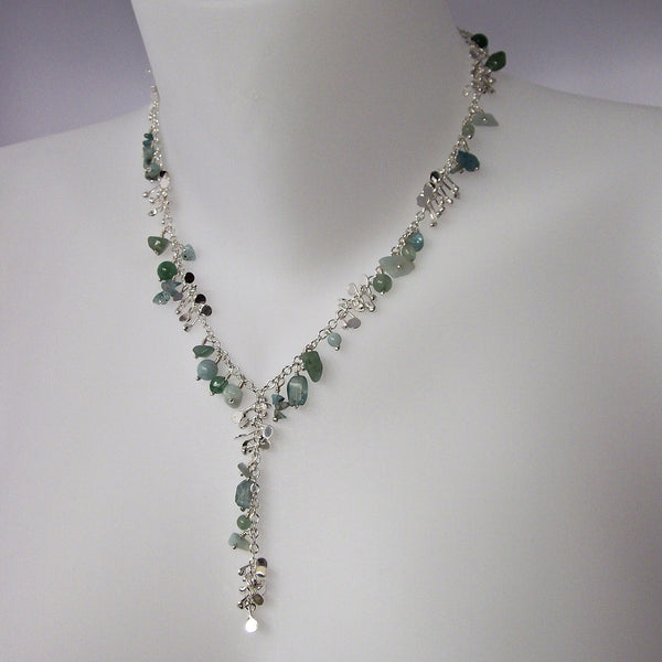 Adorn lariat Necklace with amazonite, apatite and aventurine, polished silver by Fiona DeMarco