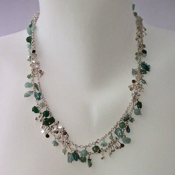 Adorn long Necklace with amazonite, apatite and aventurine, polished silver by Fiona DeMarco