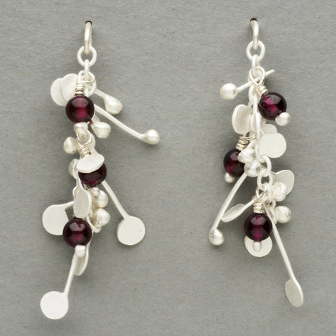 Blossom & Bloom stud Earrings with garnet, satin silver by Fiona DeMarco