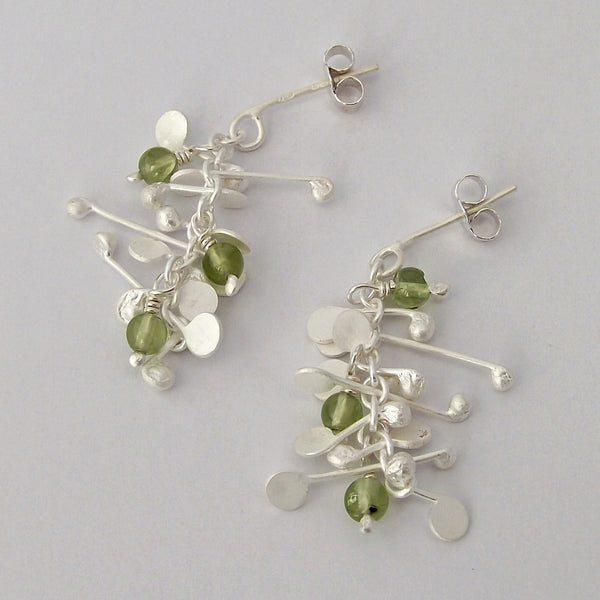 Blossom & Bloom stud Earrings with peridot, satin silver by Fiona DeMarco