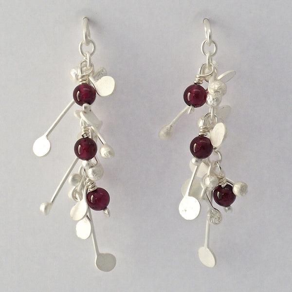 Blossom & Bloom stud Earrings with garnet, satin silver by Fiona DeMarco