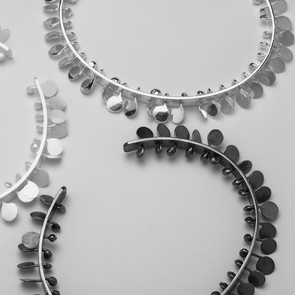 Icon Bangles, oxidised, satin and polished silver by Fiona DeMarco