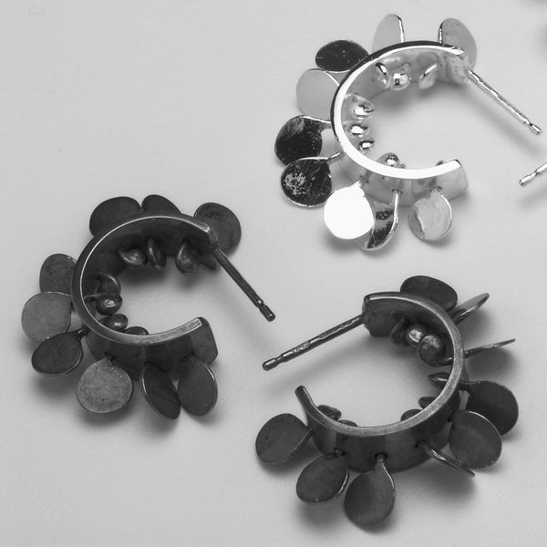 Icon hoop stud Earrings, oxidised and polished silver by Fiona DeMarco
