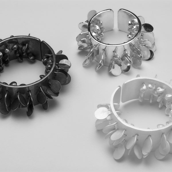 Icon wide Rings, polished, satin and oxidised silver by Fiona DeMarco
