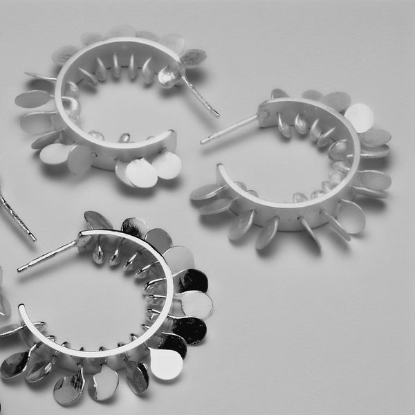 Icon wide hoop stud Earrings, satin and polished silver by Fiona DeMarco