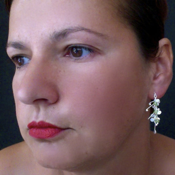 Blossom & Bloom stud Earrings with peridot, satin silver by Fiona DeMarco