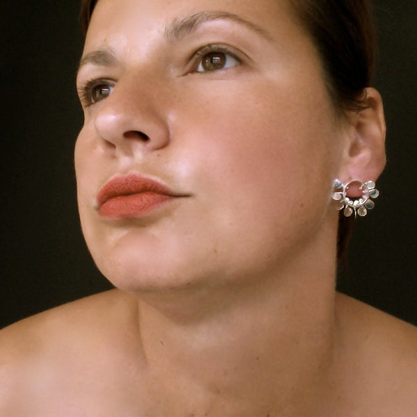 Icon round stud Earrings, oxidised, satin and polished silver by Fiona DeMarco