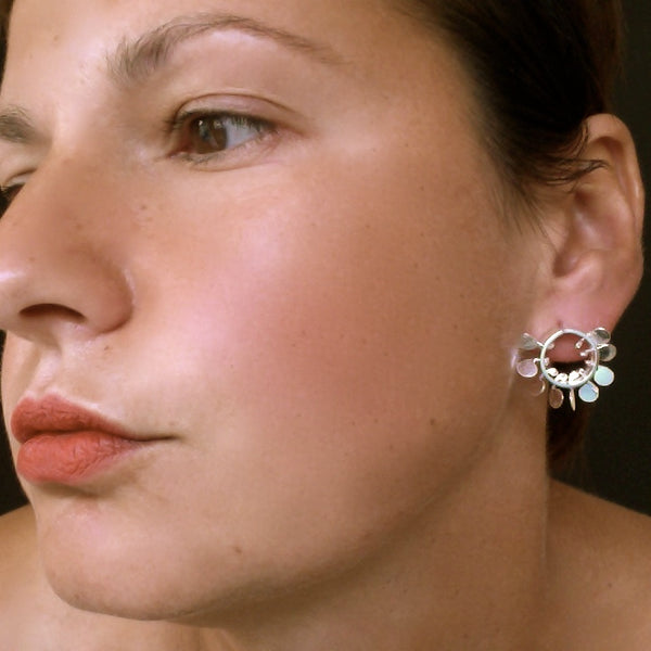Icon round stud Earrings, oxidised, satin and polished silver by Fiona DeMarco