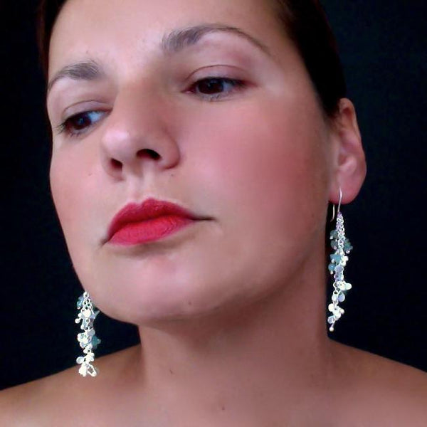 Adorn dangling Earrings with amazonite, apatite and aventurine, satin silver by Fiona DeMarco