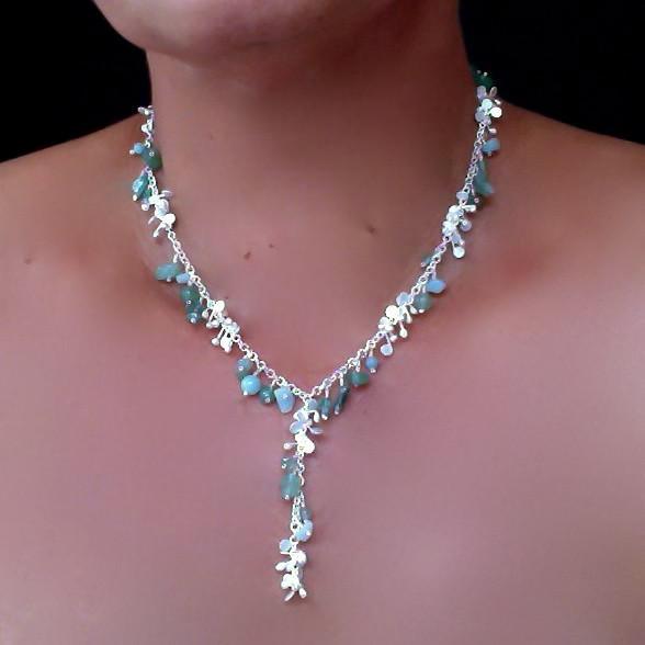 Adorn lariat Necklace with amazonite, apatite and aventurine, satin silver by Fiona DeMarco