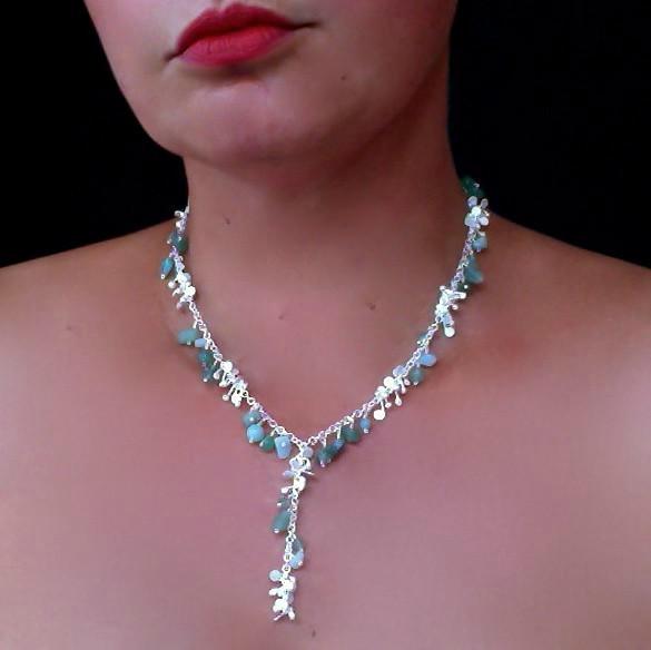 Adorn lariat Necklace with amazonite, apatite and aventurine, satin silver by Fiona DeMarco