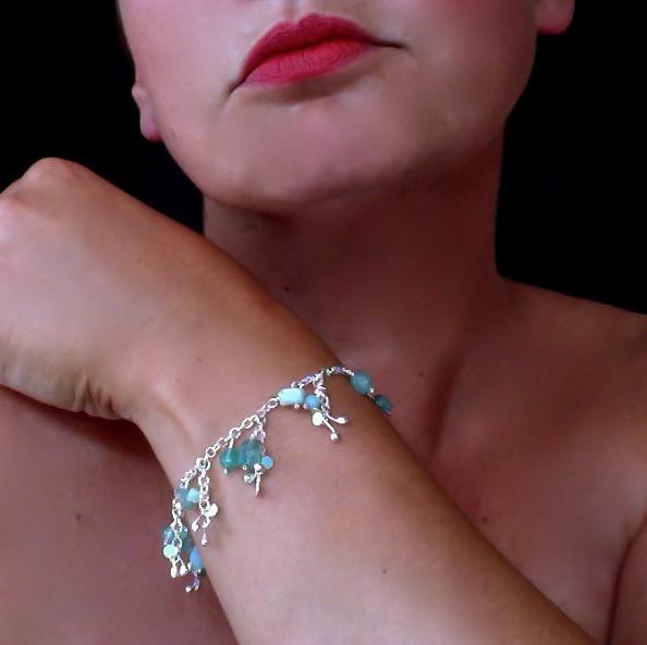 Adorn charm Bracelet with amazonite, apatite and aventurine, polished silver by Fiona DeMarco