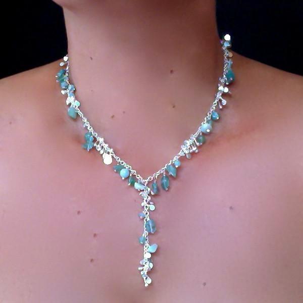 Adorn lariat Necklace with amazonite, apatite and aventurine, polished silver by Fiona DeMarco