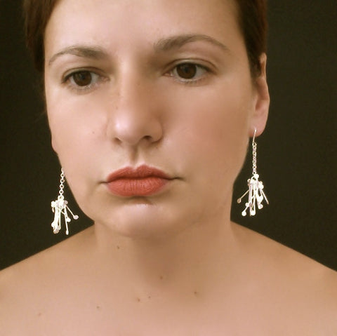 Signature Cluster dangling Earrings, satin silver by Fiona DeMarco