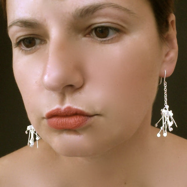 Signature Cluster dangling Earrings, satin silver by Fiona DeMarco