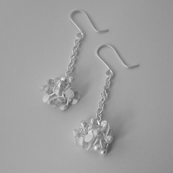 Radiance dangling Earrings, satin silver by Fiona DeMarco