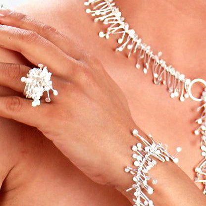 Signature Cluster wide Ring, Signature Bracelet and Signature lariat Necklace, satin silver by Fiona DeMarco