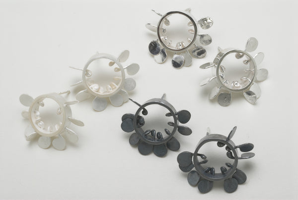 Icon round stud Earrings, oxidised, satin and polished silver by Fiona DeMarco