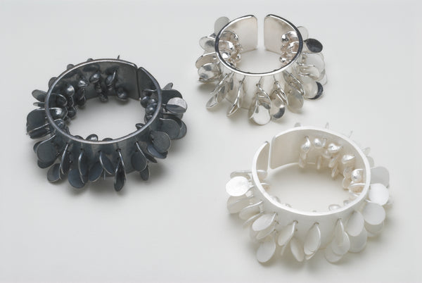 Icon wide Rings, polished, satin and oxidised silver by Fiona DeMarco