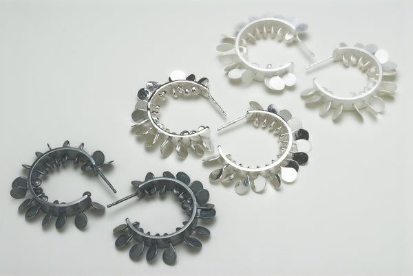 Icon wide hoop stud earrings, oxidised, polished and satin silver by Fiona DeMarco