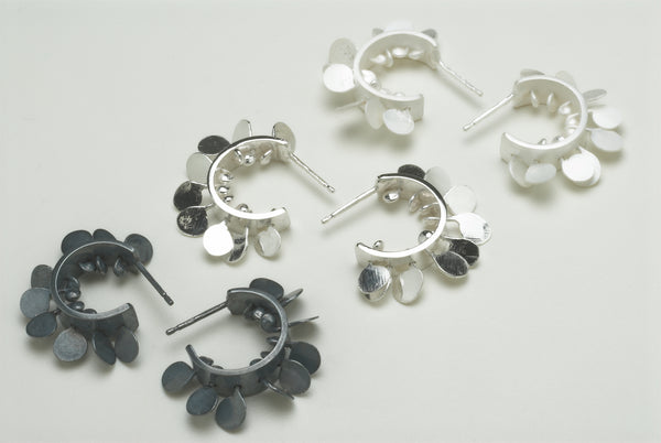 Icon hoop stud earrings, oxidised, polished and satin silver by Fiona DeMarco